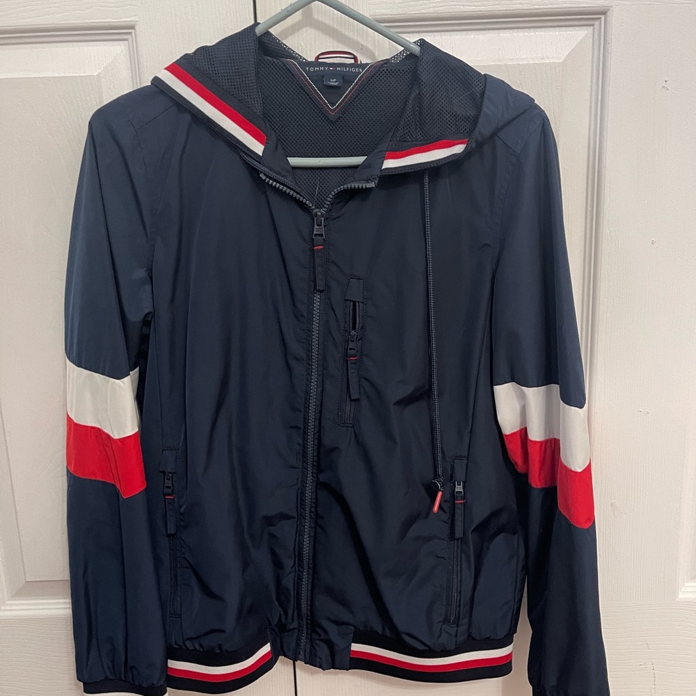 Tommy Hilfiger Navy Jacket/Windbreaker with Red and White Stripes
